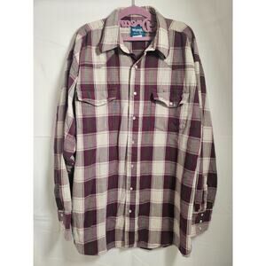 Wrangler Mens XL Tall Pearl Snap Shirt Maroon Plaid Long Sleeve Western Shirt
